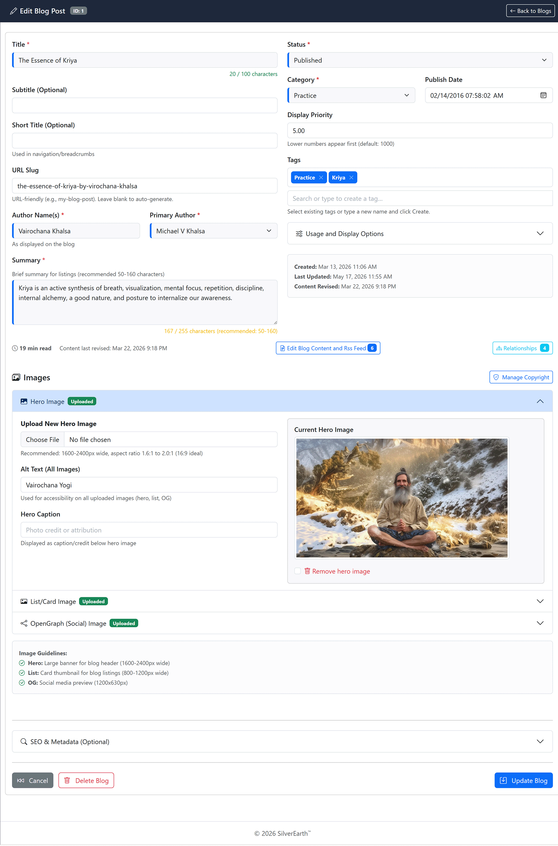 Blog detail page — hero image, related books, author credit, SEO fields