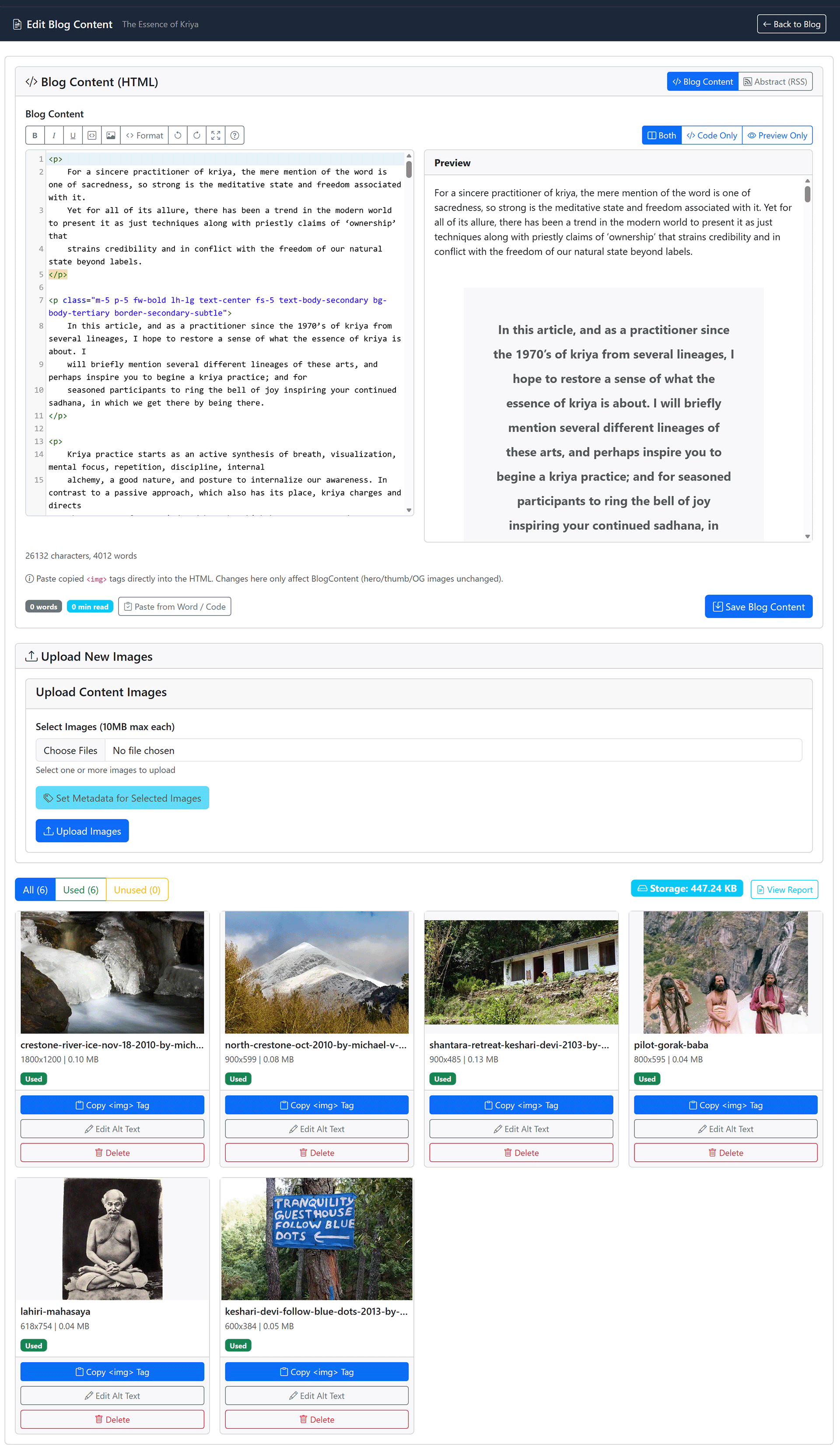 Blog editor — HTML with live Tailwind/Bootstrap preview pane