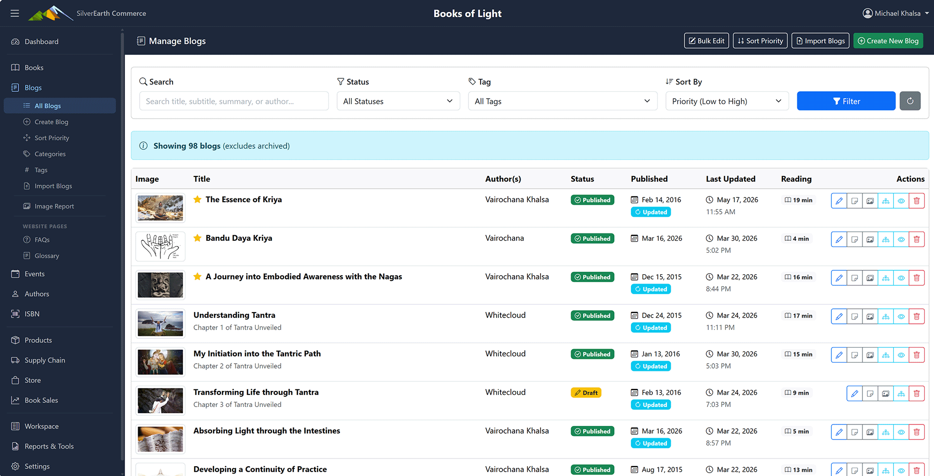 Blog post list — status filter, category tree, scheduling badges