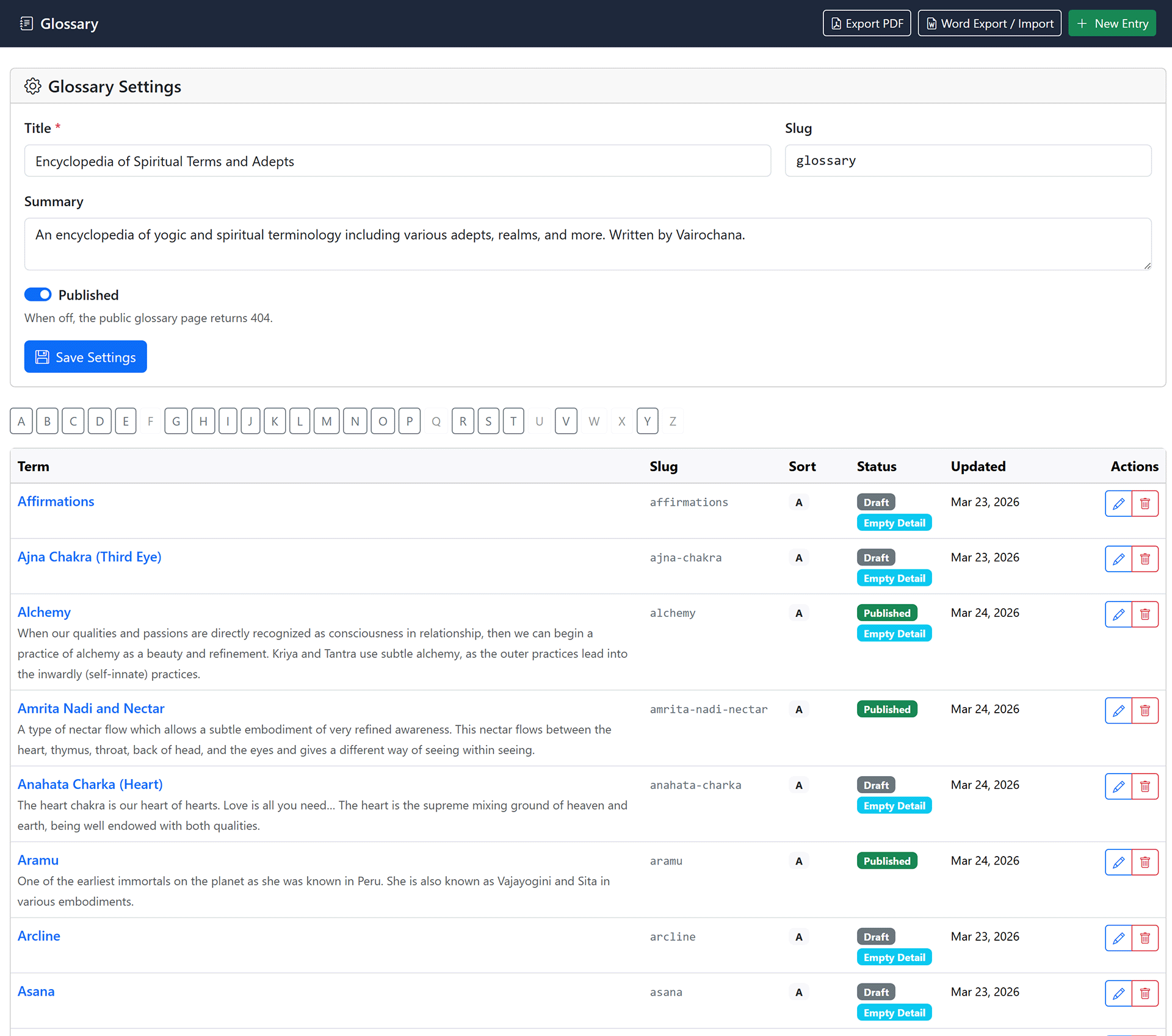 Glossary term list — search, alphabetical filter, related term badges