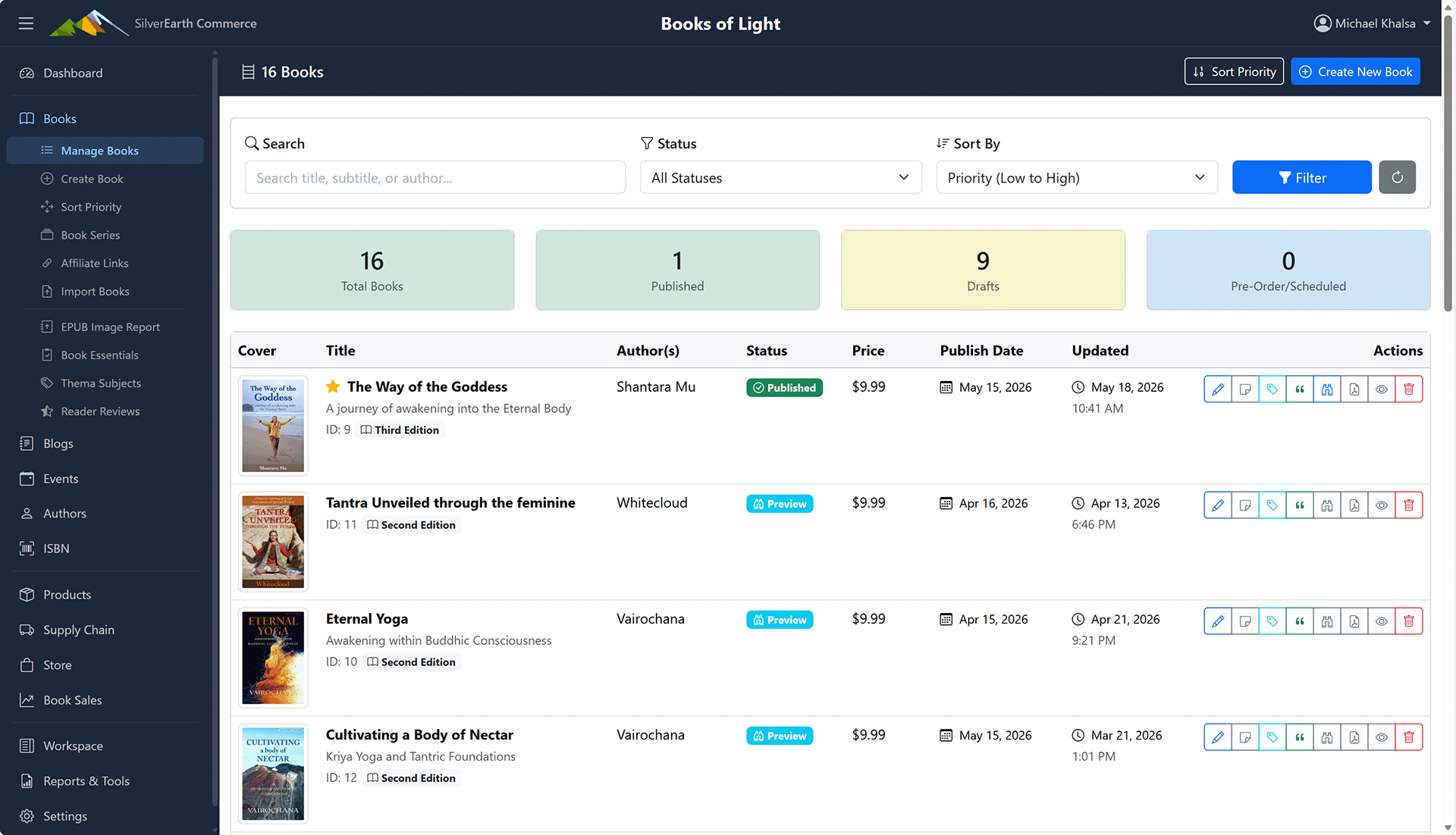 Book catalog list — cover thumbnails, status badges, format pills