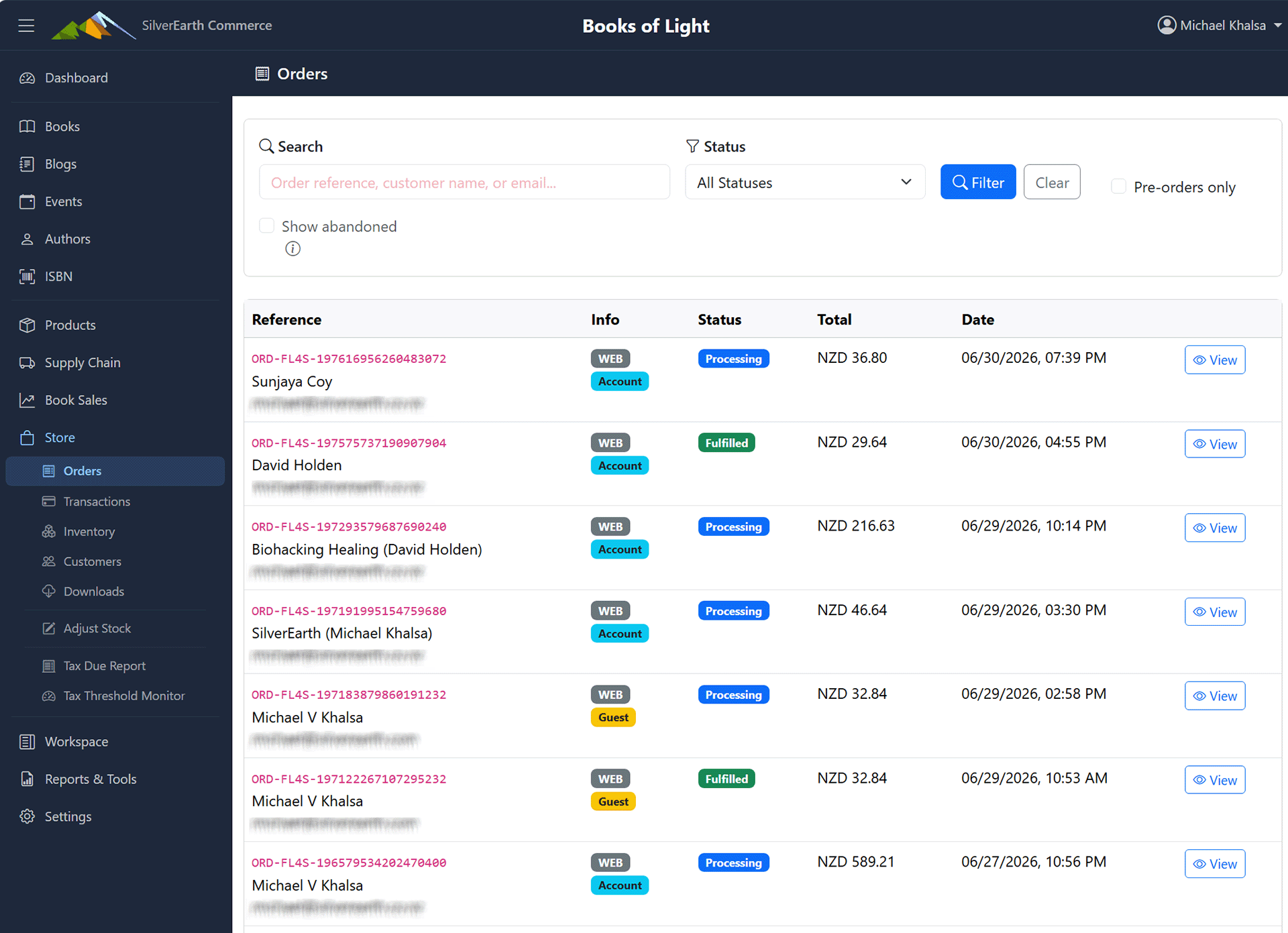 Admin orders list showing status filters, customer search, and fulfillment badges