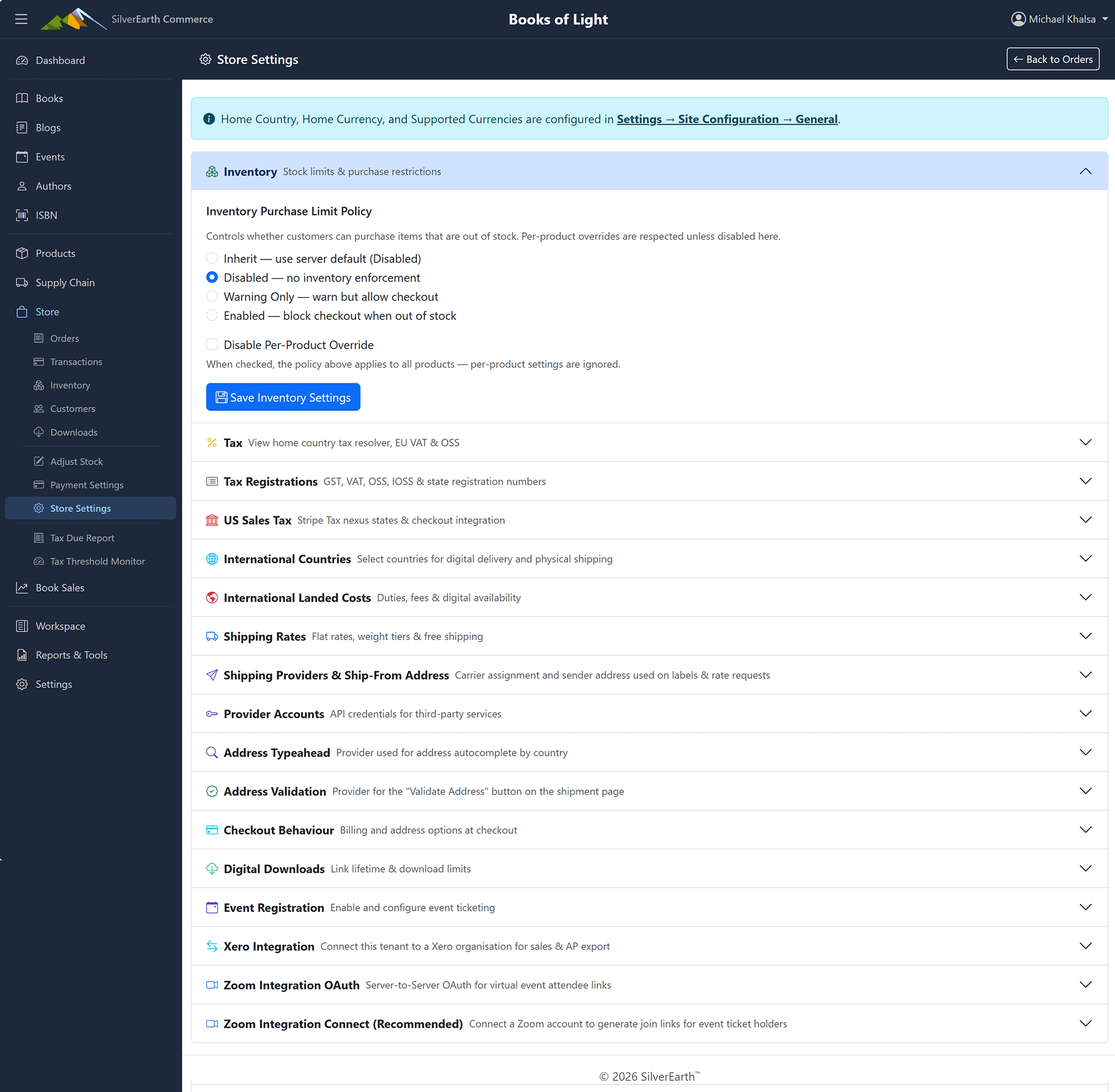 Admin Store Configuration