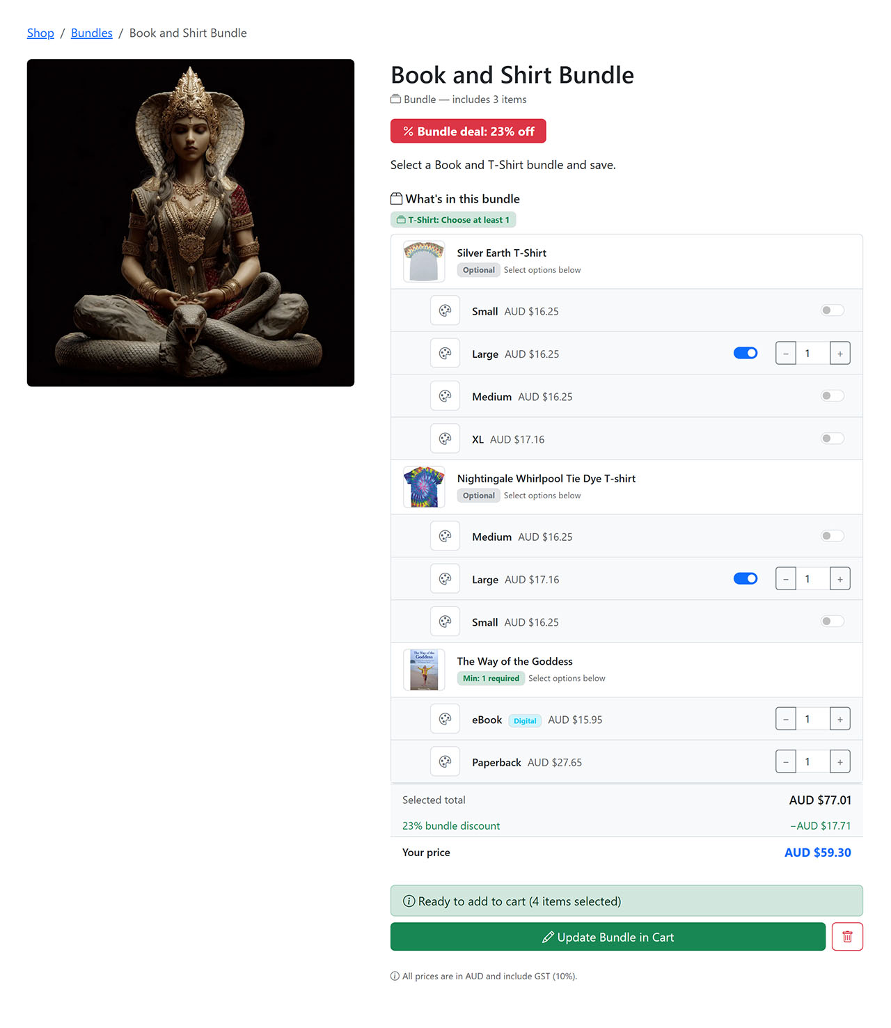 Example website Product detail page with a product bundle and applied discount