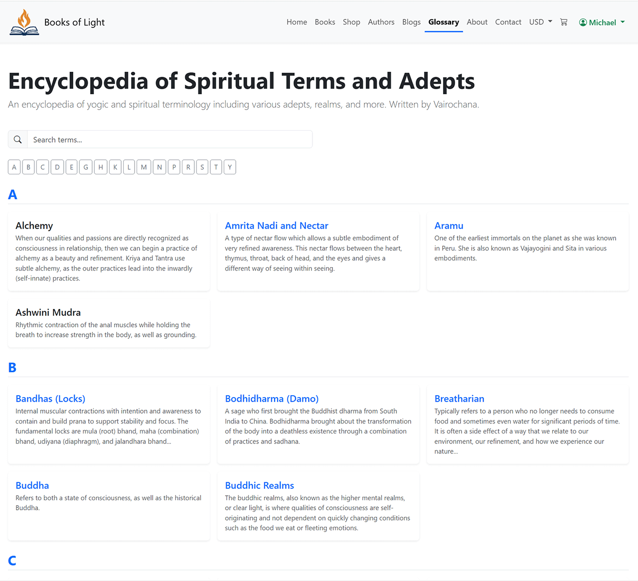 Example website glossary page as a mini encyclopedia with alphabetical index