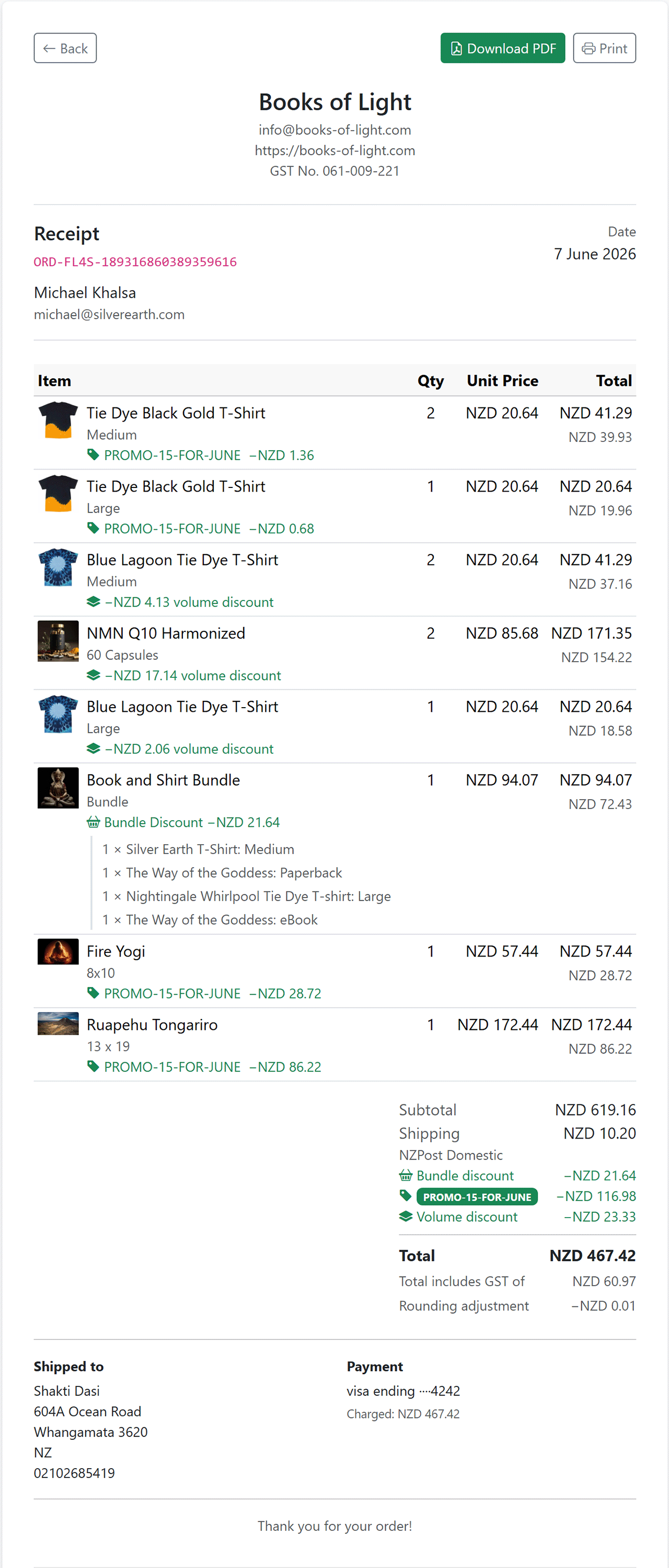 Website order receipt