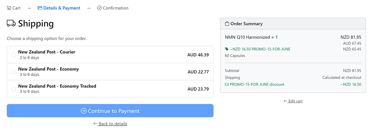 Website checkout showing multiple shipping options with live carrier rates and delivery estimates