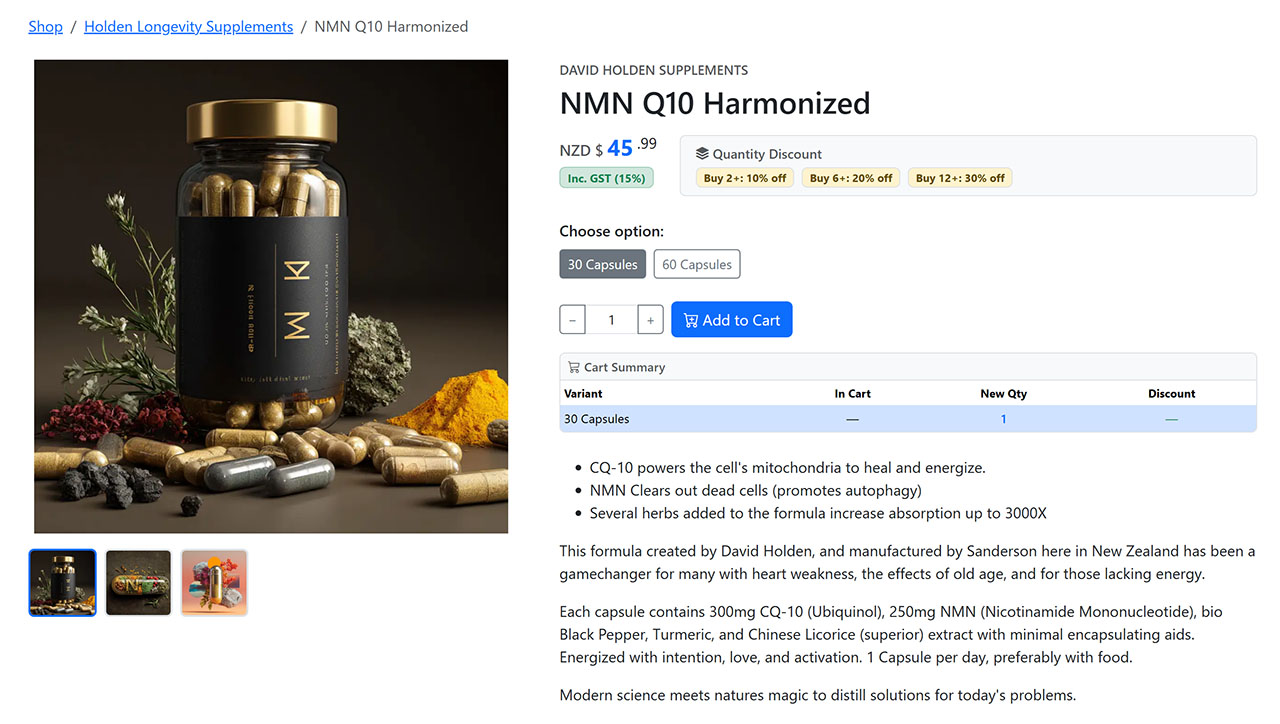 Example website Product detail page with variant selector and quantity discounts